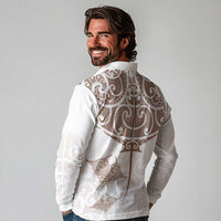 New Zealand Manta Ray Tattoo Long Sleeve Polo Shirt Aotearoa Maori Haehae Beige - Polynesian Pride
