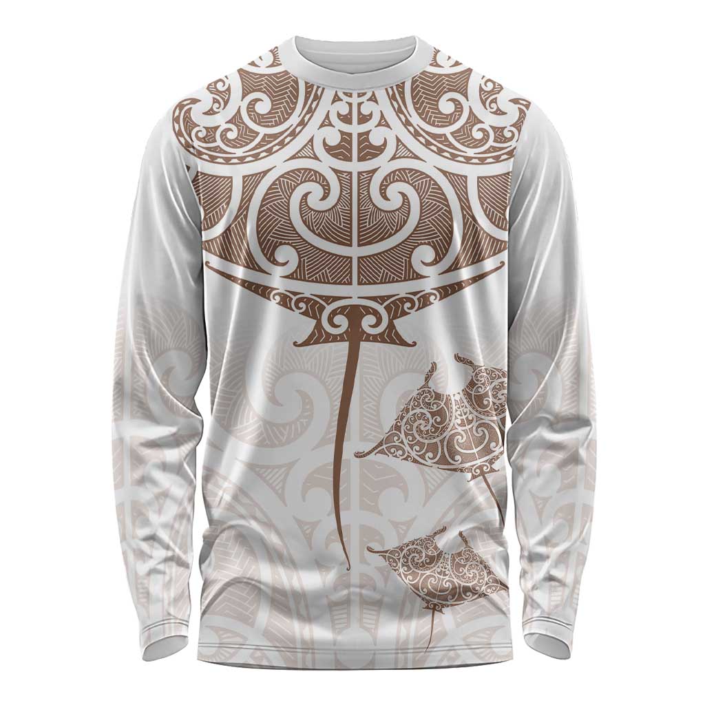 New Zealand Manta Ray Tattoo Long Sleeve Shirt Aotearoa Maori Haehae Beige - Polynesian Pride