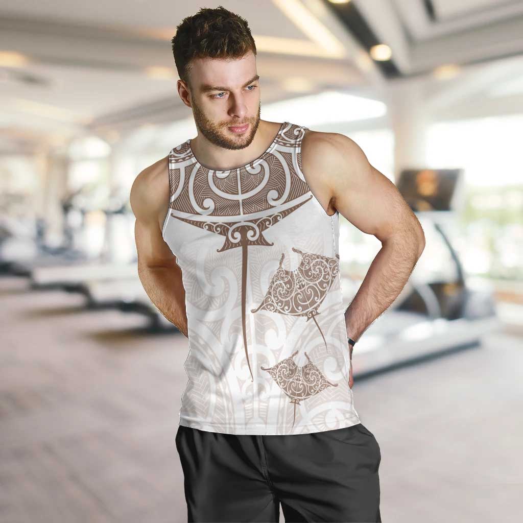 New Zealand Manta Ray Tattoo Men Tank Top Aotearoa Maori Haehae Beige - Polynesian Pride