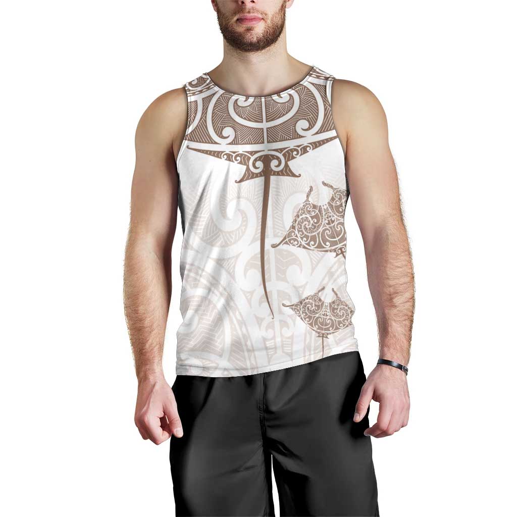New Zealand Manta Ray Tattoo Men Tank Top Aotearoa Maori Haehae Beige - Polynesian Pride