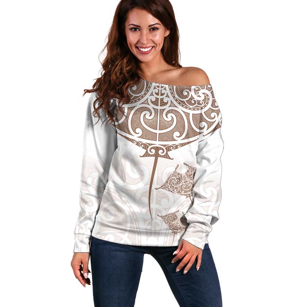 New Zealand Manta Ray Tattoo Off Shoulder Sweater Aotearoa Maori Haehae Beige - Polynesian Pride