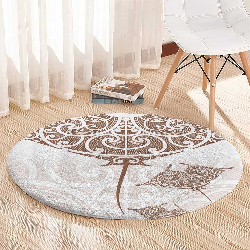 New Zealand Manta Ray Tattoo Round Carpet Aotearoa Maori Haehae Beige - Polynesian Pride