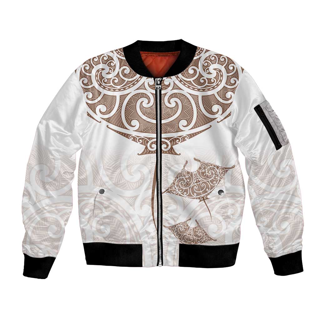 New Zealand Manta Ray Tattoo Sleeve Zip Bomber Jacket Aotearoa Maori Haehae Beige - Polynesian Pride