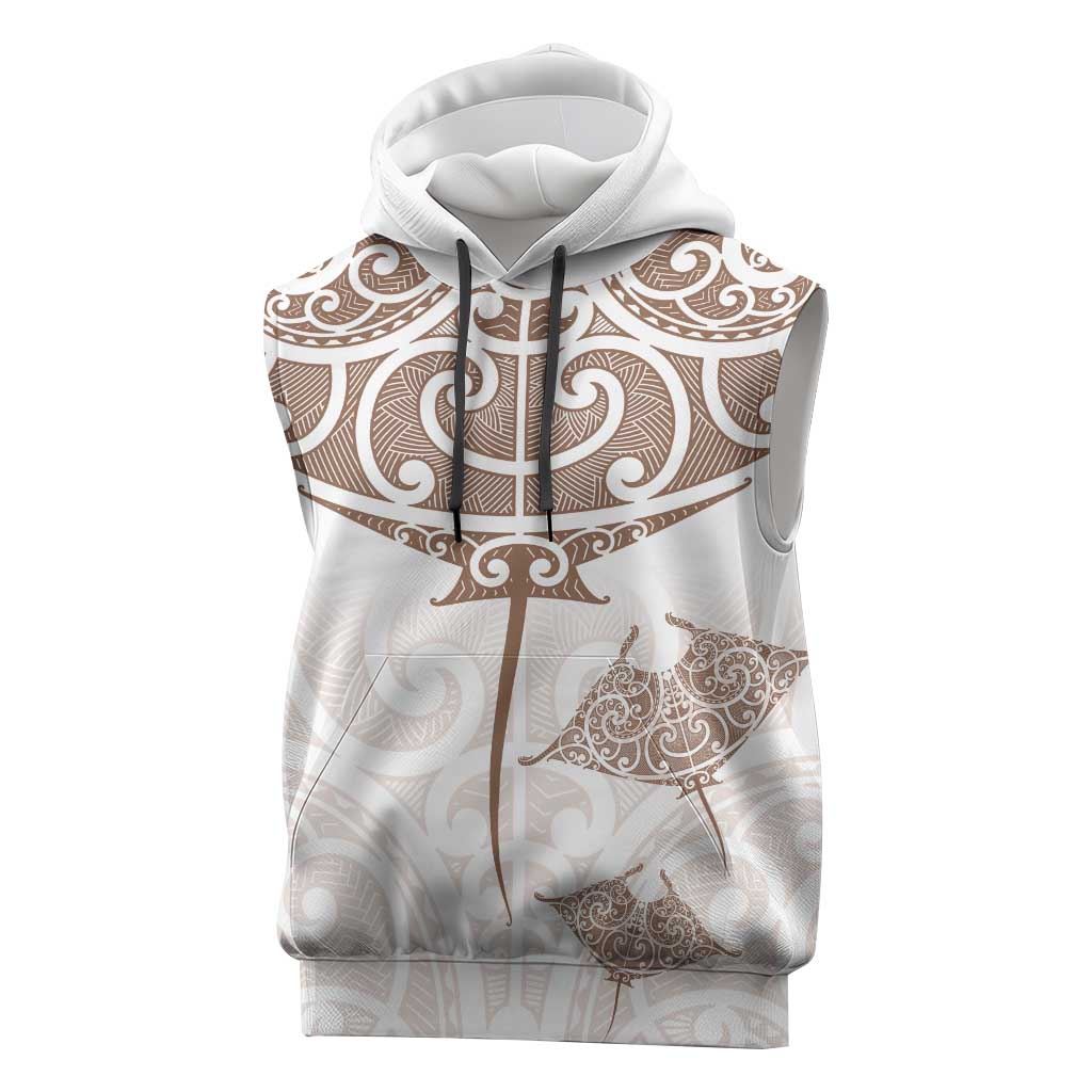New Zealand Manta Ray Tattoo Sleeveless Hoodie Aotearoa Maori Haehae Beige - Polynesian Pride
