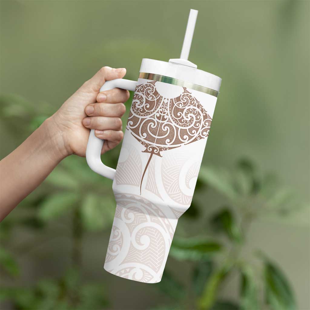 New Zealand Manta Ray Tattoo Tumbler With Handle Aotearoa Maori Haehae Beige - Polynesian Pride