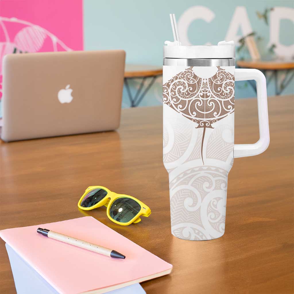 New Zealand Manta Ray Tattoo Tumbler With Handle Aotearoa Maori Haehae Beige - Polynesian Pride
