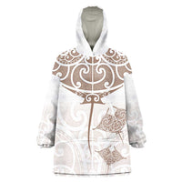 New Zealand Manta Ray Tattoo Wearable Blanket Hoodie Aotearoa Maori Haehae Beige - Polynesian Pride