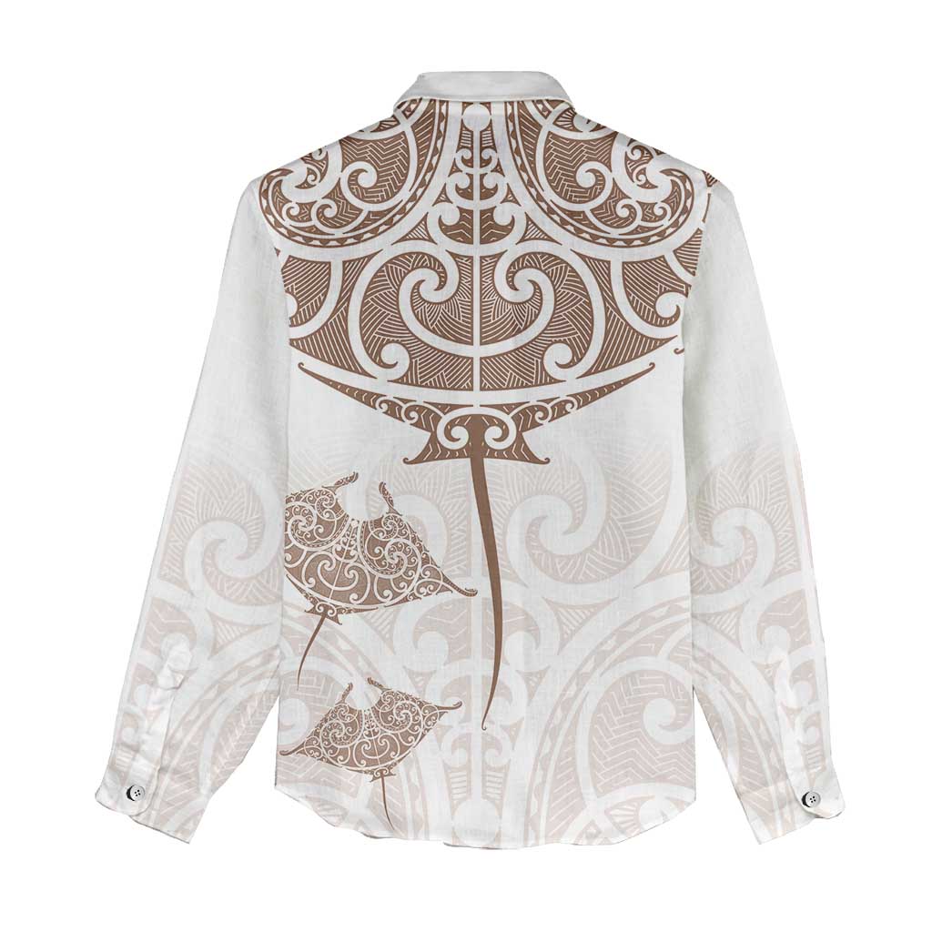 New Zealand Manta Ray Tattoo Women Casual Shirt Aotearoa Maori Haehae Beige LT14 - Polynesian Pride