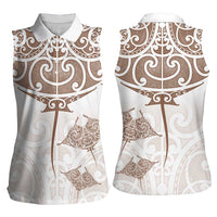 New Zealand Manta Ray Tattoo Women Sleeveless Polo Shirt Aotearoa Maori Haehae Beige LT14 - Polynesian Pride