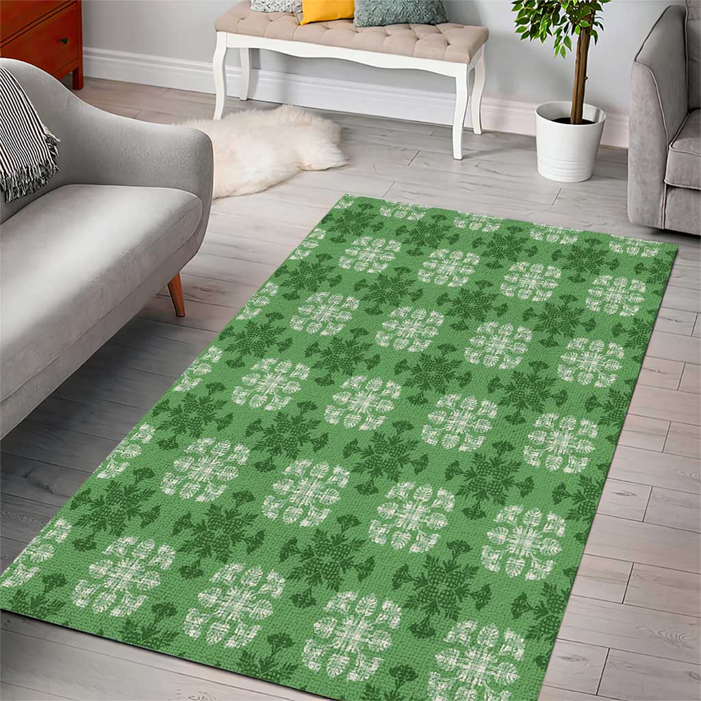 Green Hawaiian Quilt Area Rug Hawaii Pineapple Monstera Palaka Motifs LT14 - Polynesian Pride