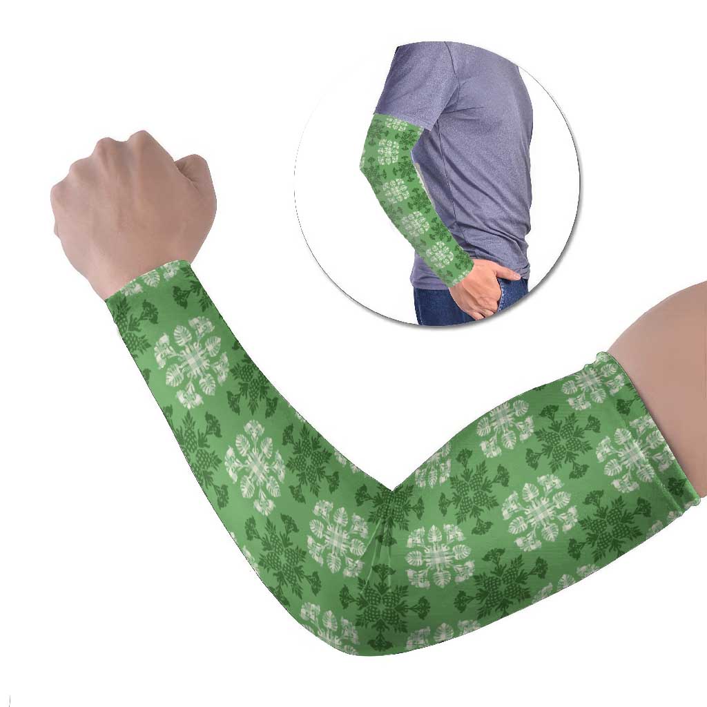 Green Hawaiian Quilt Arm Sleeves Hawaii Pineapple Monstera Palaka Motifs - Polynesian Pride