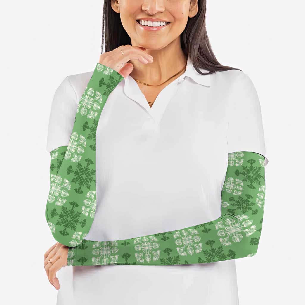 Green Hawaiian Quilt Arm Sleeves Hawaii Pineapple Monstera Palaka Motifs - Polynesian Pride