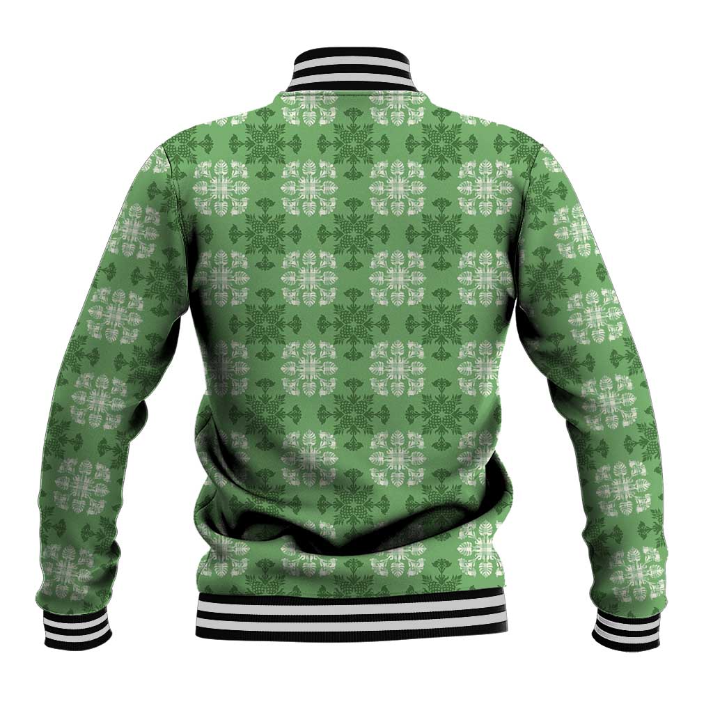Green Hawaiian Quilt Baseball Jacket Hawaii Pineapple Monstera Palaka Motifs - Polynesian Pride