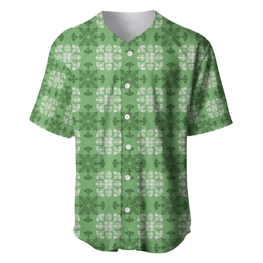 Green Hawaiian Quilt Baseball Jersey Hawaii Pineapple Monstera Palaka Motifs LT14 Green - Polynesian Pride