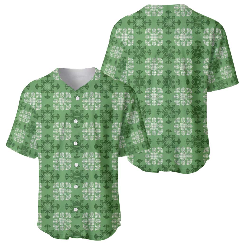 Green Hawaiian Quilt Baseball Jersey Hawaii Pineapple Monstera Palaka Motifs LT14 - Polynesian Pride
