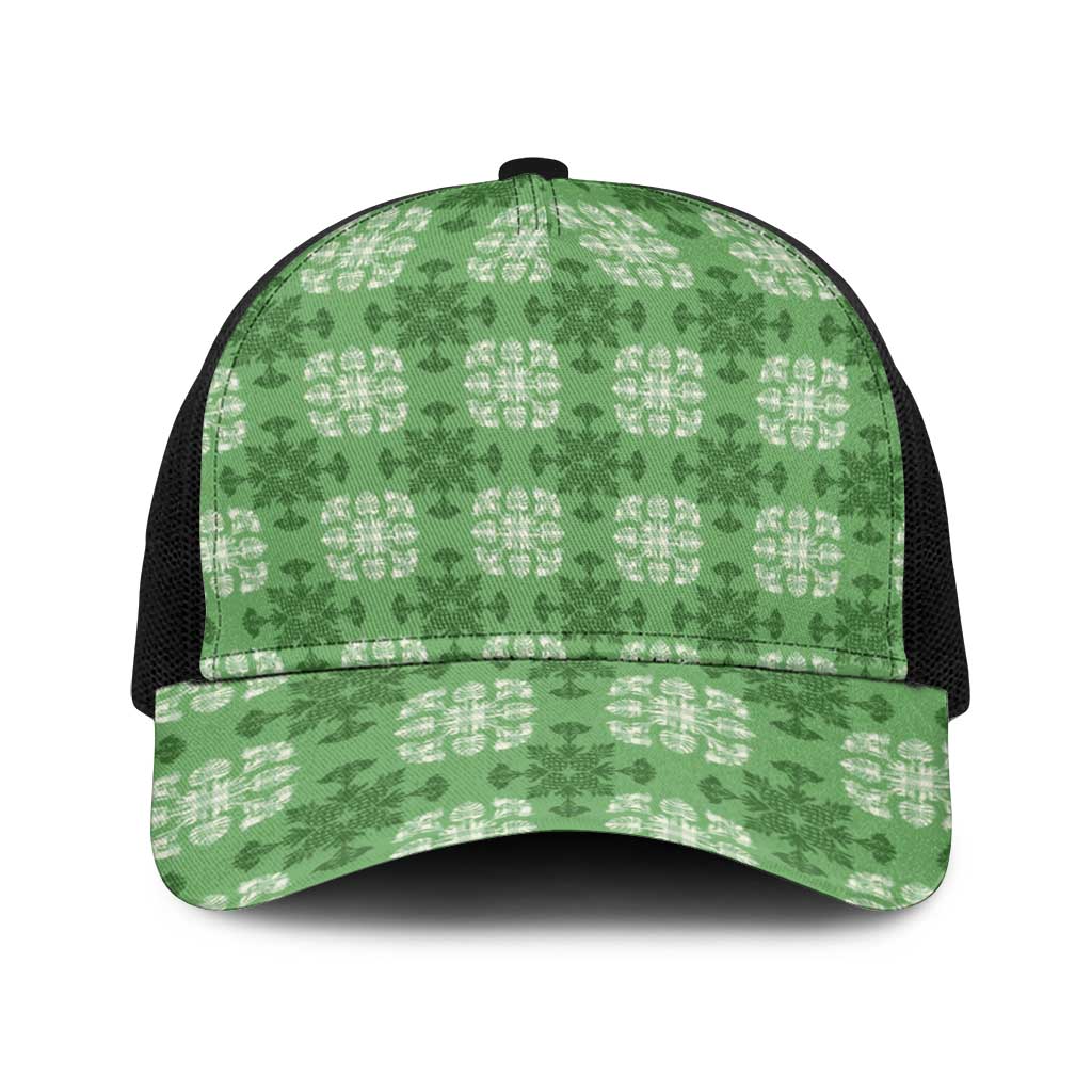 Green Hawaiian Quilt Baseball Net Cap Hawaii Pineapple Monstera Palaka Motifs - Polynesian Pride