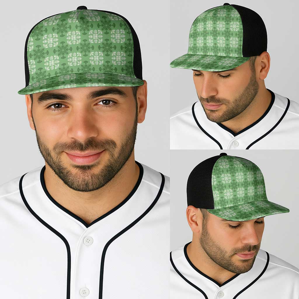 Green Hawaiian Quilt Baseball Net Cap Hawaii Pineapple Monstera Palaka Motifs - Polynesian Pride
