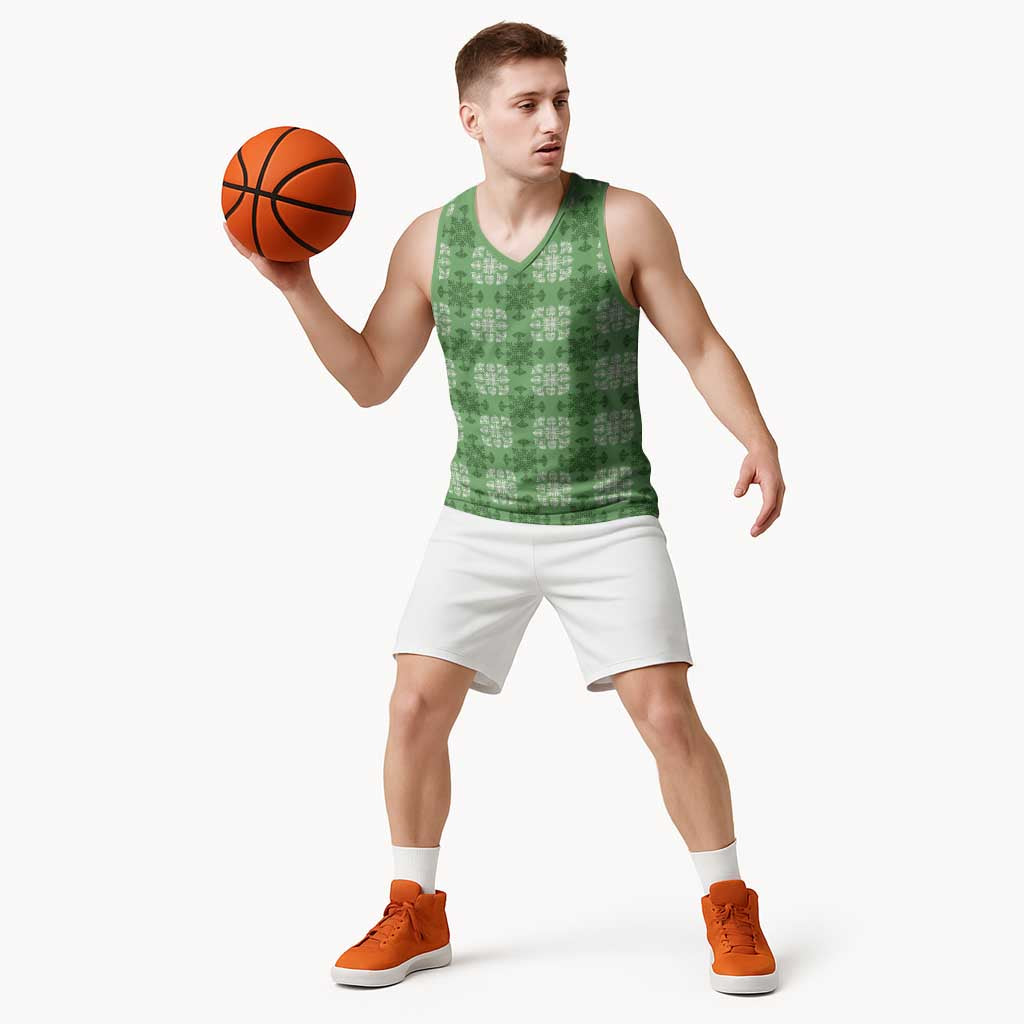 Green Hawaiian Quilt Basketball Jersey Hawaii Pineapple Monstera Palaka Motifs - Polynesian Pride