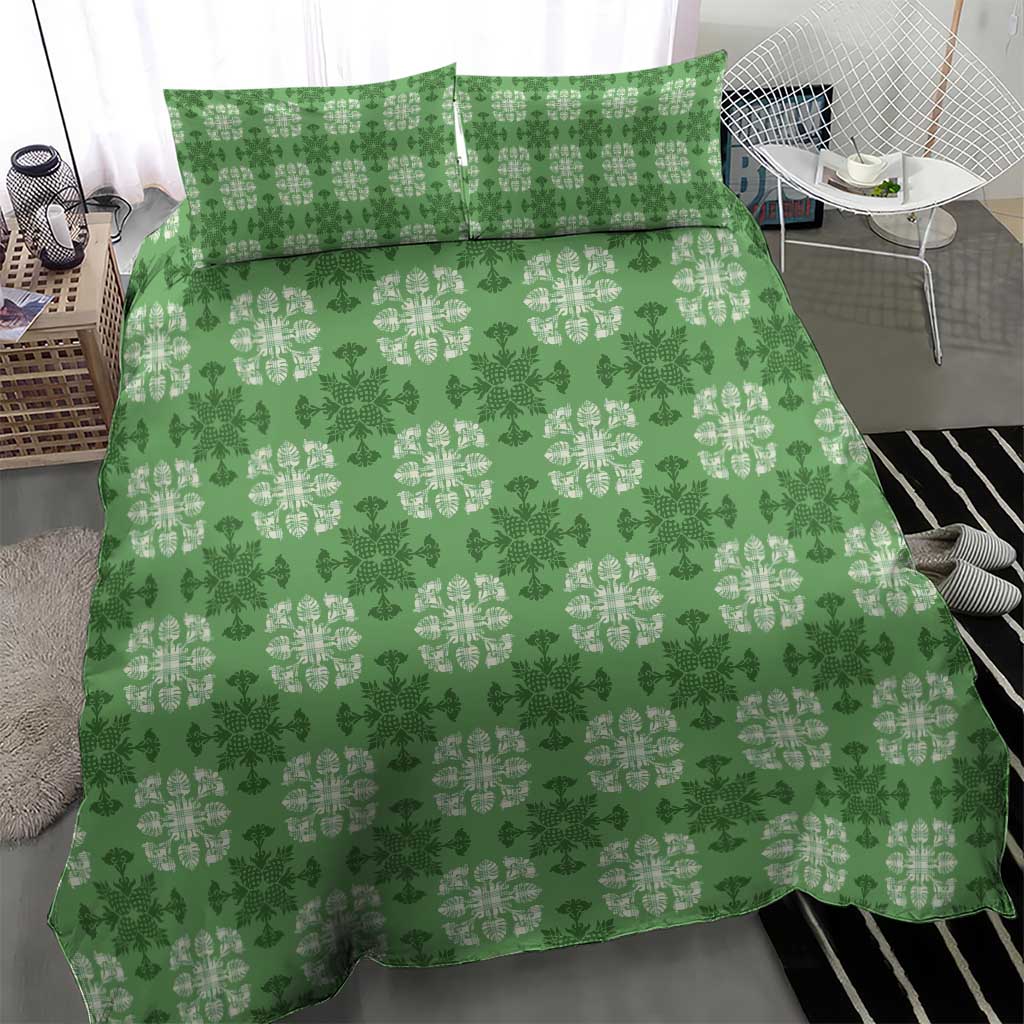Green Hawaiian Quilt Bedding Set Hawaii Pineapple Monstera Palaka Motifs - Polynesian Pride