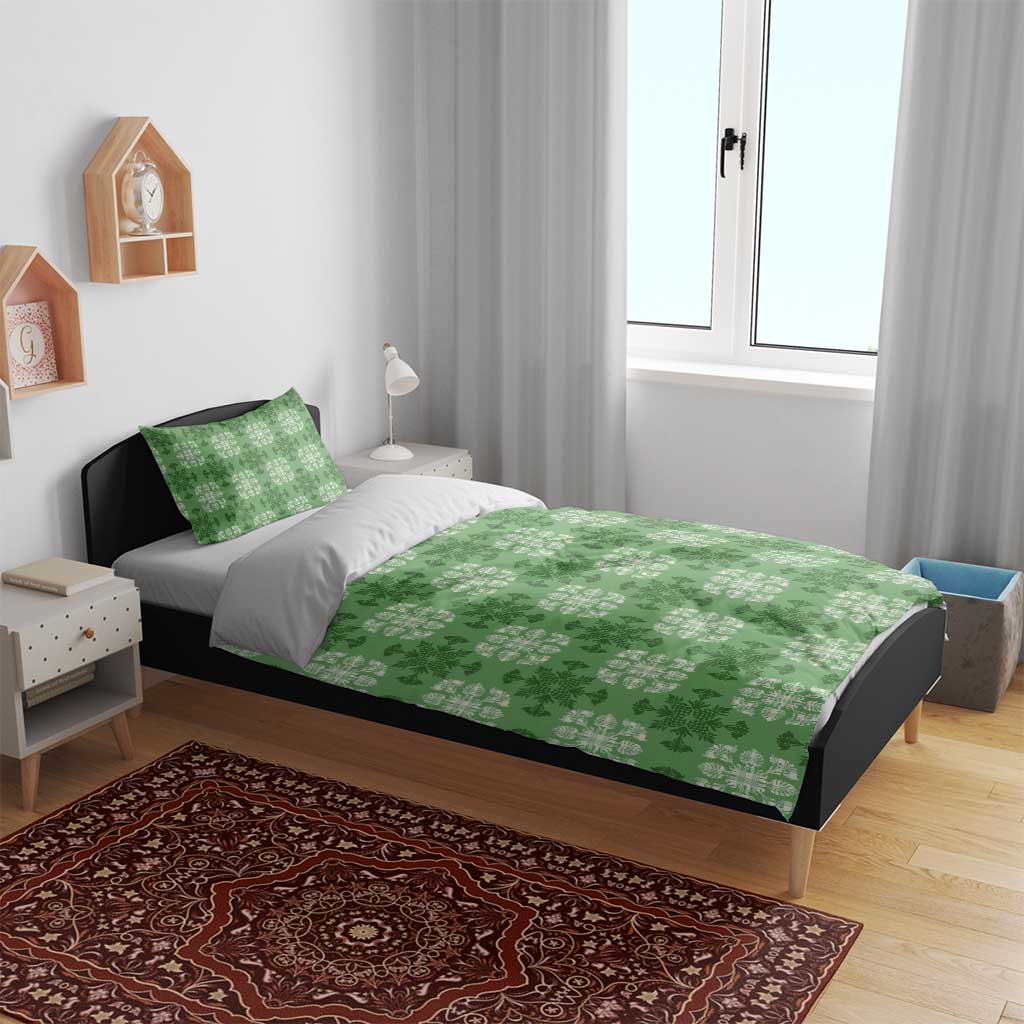 Green Hawaiian Quilt Bedding Set Hawaii Pineapple Monstera Palaka Motifs - Polynesian Pride