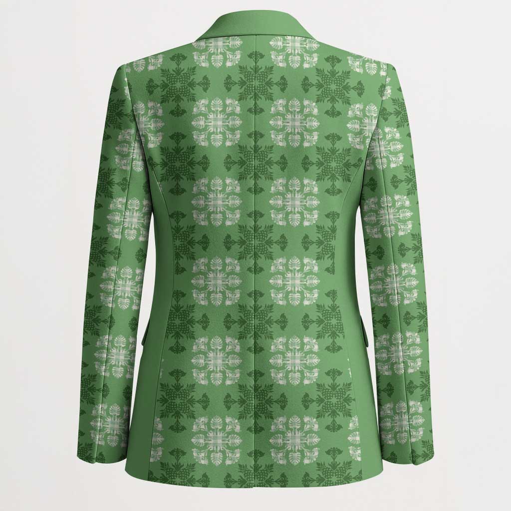Green Hawaiian Quilt Blazer Hawaii Pineapple Monstera Palaka Motifs - Polynesian Pride