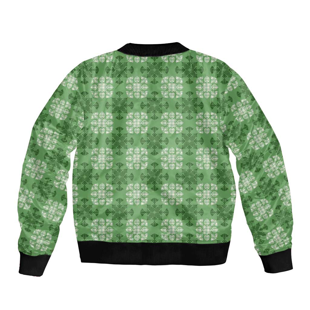 Green Hawaiian Quilt Bomber Jacket Hawaii Pineapple Monstera Palaka Motifs - Polynesian Pride