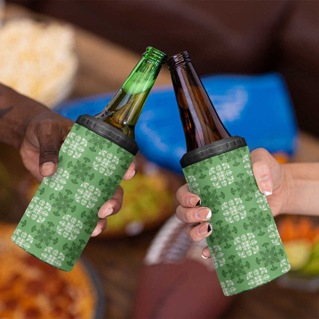 Green Hawaiian Quilt 4 in 1 Can Cooler Tumbler Hawaii Pineapple Monstera Palaka Motifs - Polynesian Pride