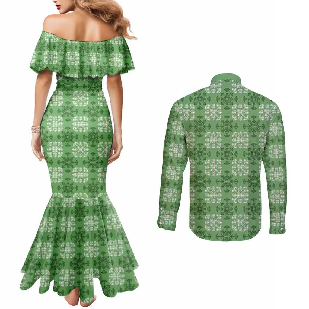Green Hawaiian Quilt Couples Matching Mermaid Dress and Long Sleeve Button Shirt Hawaii Pineapple Monstera Palaka Motifs - Polynesian Pride