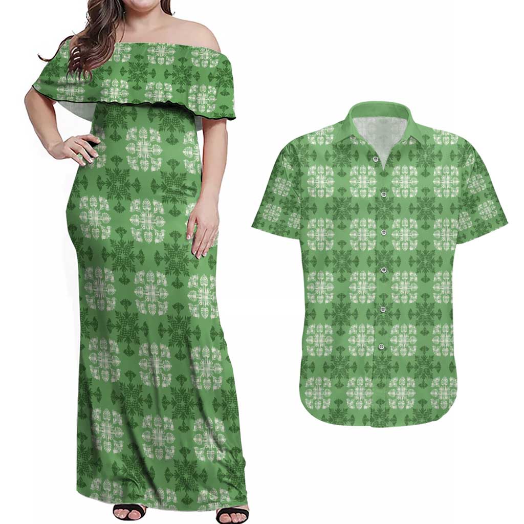 Green Hawaiian Quilt Couples Matching Off Shoulder Maxi Dress and Hawaiian Shirt Hawaii Pineapple Monstera Palaka Motifs LT14 Green - Polynesian Pride