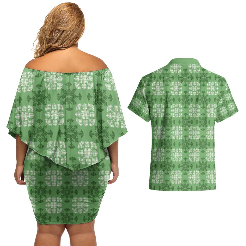 Green Hawaiian Quilt Couples Matching Off Shoulder Short Dress and Hawaiian Shirt Hawaii Pineapple Monstera Palaka Motifs LT14 - Polynesian Pride