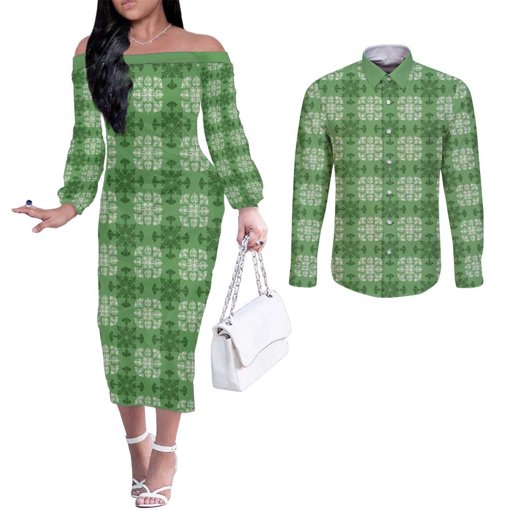 Green Hawaiian Quilt Couples Matching Off The Shoulder Long Sleeve Dress and Long Sleeve Button Shirt Hawaii Pineapple Monstera Palaka Motifs - Polynesian Pride