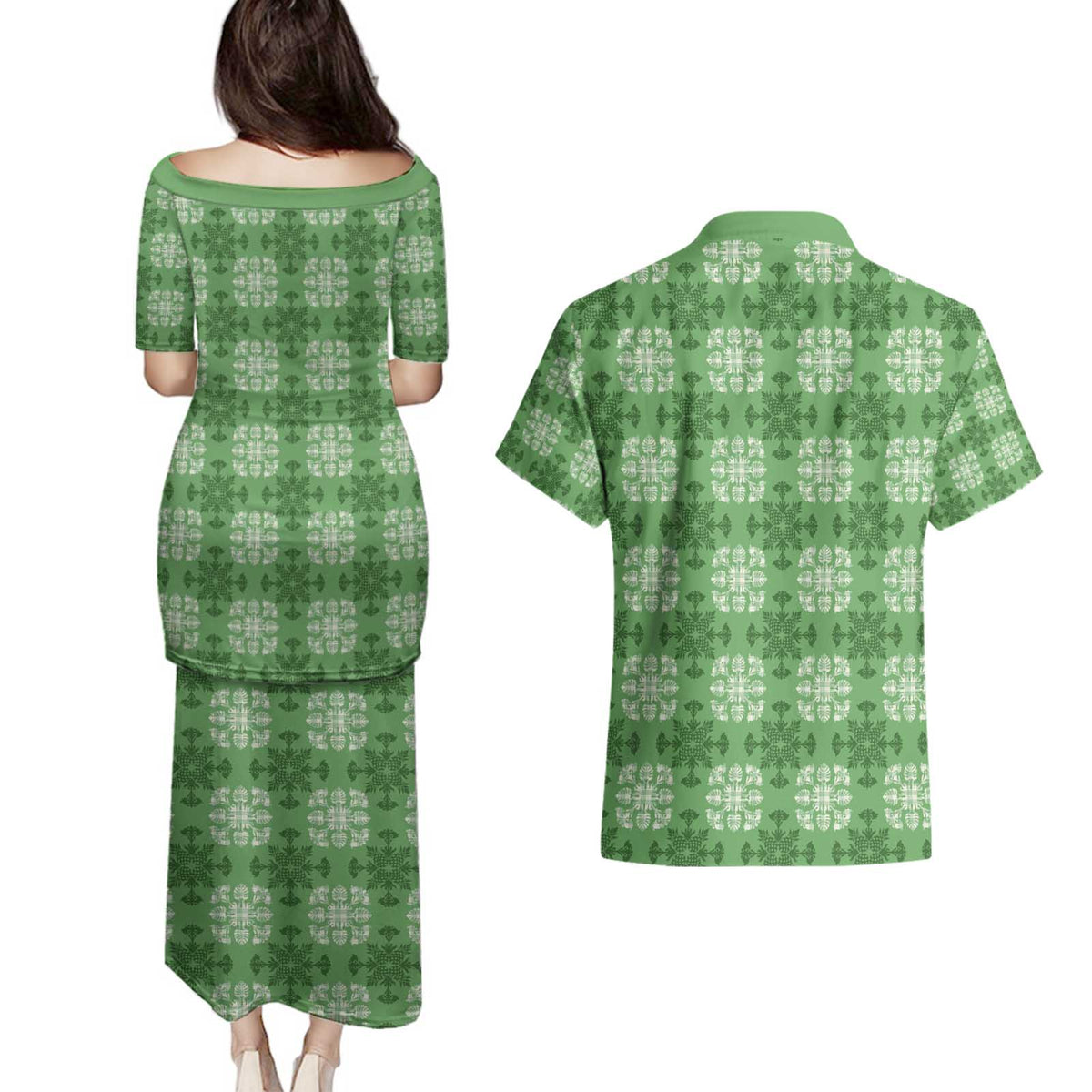 Green Hawaiian Quilt Couples Matching Puletasi and Hawaiian Shirt Hawaii Pineapple Monstera Palaka Motifs - Polynesian Pride