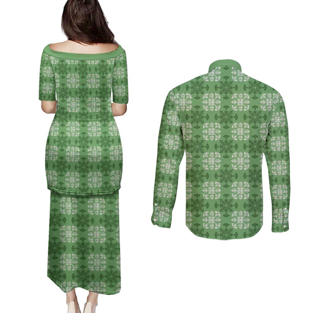 Green Hawaiian Quilt Couples Matching Puletasi and Long Sleeve Button Shirt Hawaii Pineapple Monstera Palaka Motifs - Polynesian Pride