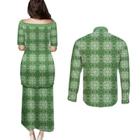 Green Hawaiian Quilt Couples Matching Puletasi and Long Sleeve Button Shirt Hawaii Pineapple Monstera Palaka Motifs - Polynesian Pride