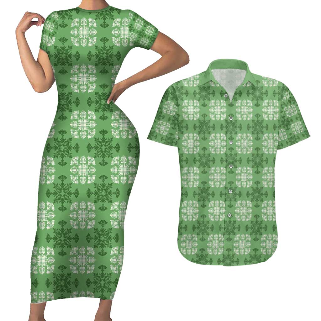 Green Hawaiian Quilt Couples Matching Short Sleeve Bodycon Dress and Hawaiian Shirt Hawaii Pineapple Monstera Palaka Motifs LT14 Green - Polynesian Pride