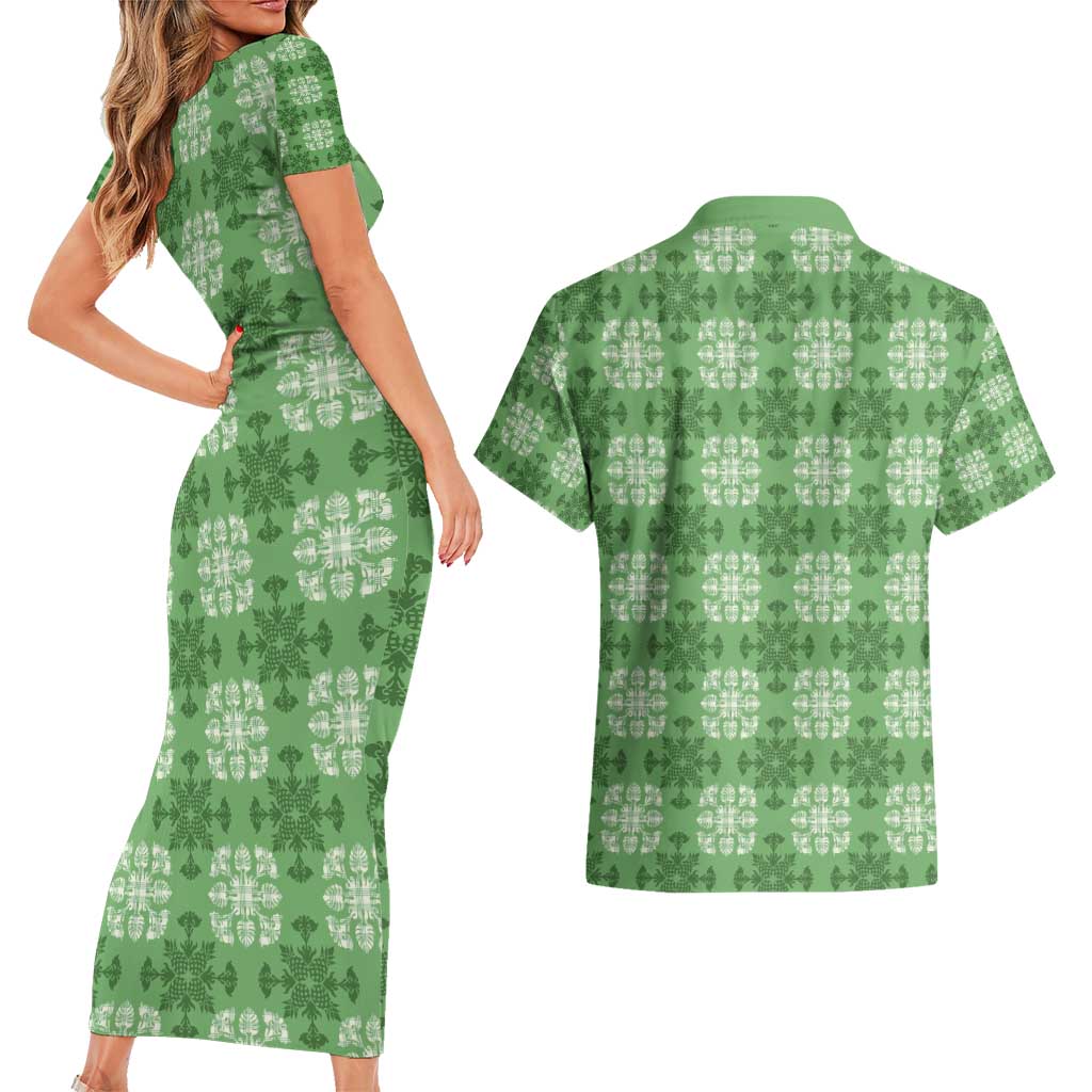 Green Hawaiian Quilt Couples Matching Short Sleeve Bodycon Dress and Hawaiian Shirt Hawaii Pineapple Monstera Palaka Motifs LT14 - Polynesian Pride