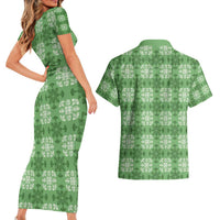 Green Hawaiian Quilt Couples Matching Short Sleeve Bodycon Dress and Hawaiian Shirt Hawaii Pineapple Monstera Palaka Motifs LT14 - Polynesian Pride