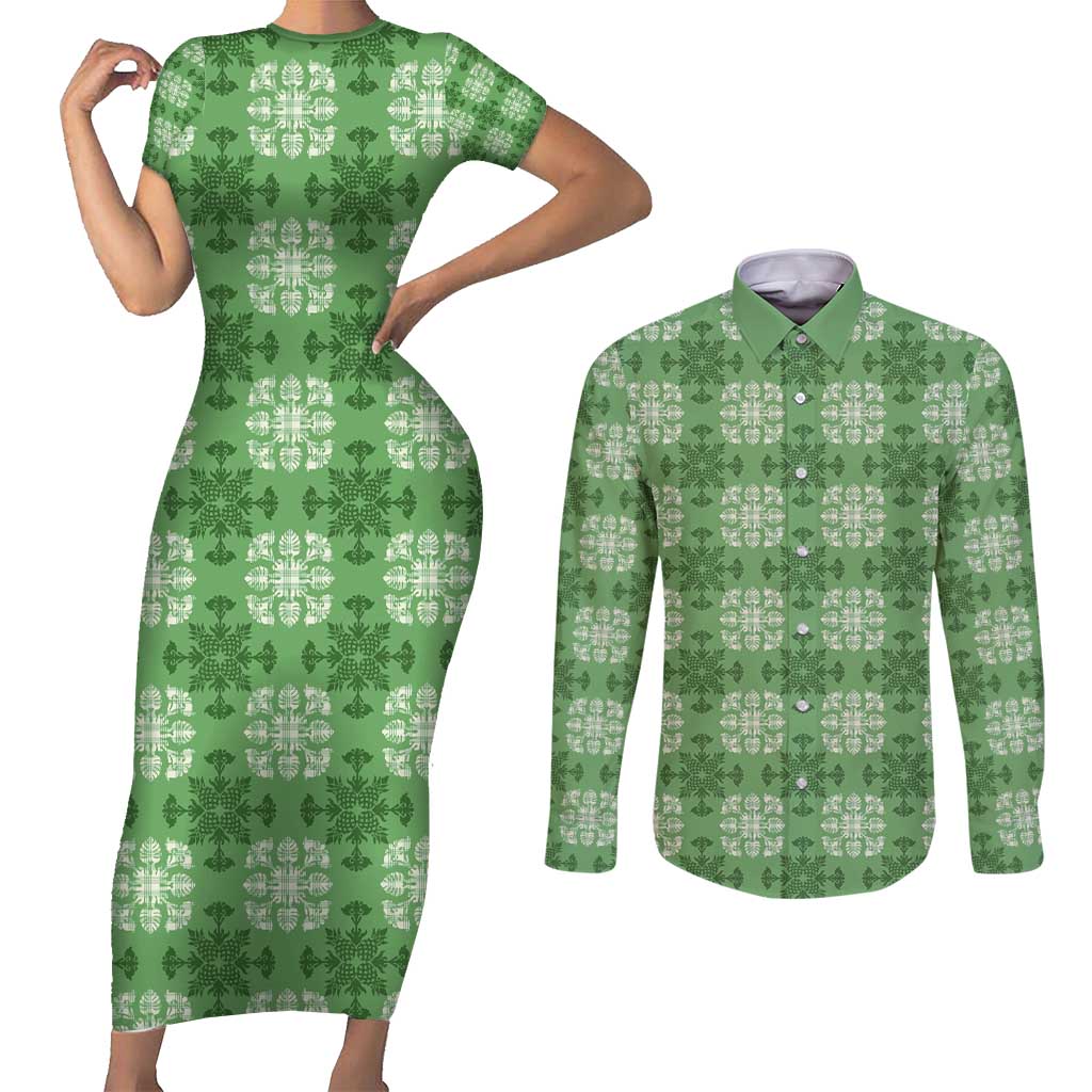 Green Hawaiian Quilt Couples Matching Short Sleeve Bodycon Dress and Long Sleeve Button Shirt Hawaii Pineapple Monstera Palaka Motifs LT14 Green - Polynesian Pride
