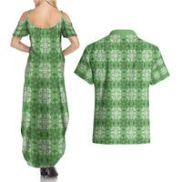 Green Hawaiian Quilt Couples Matching Summer Maxi Dress and Hawaiian Shirt Hawaii Pineapple Monstera Palaka Motifs LT14 - Polynesian Pride
