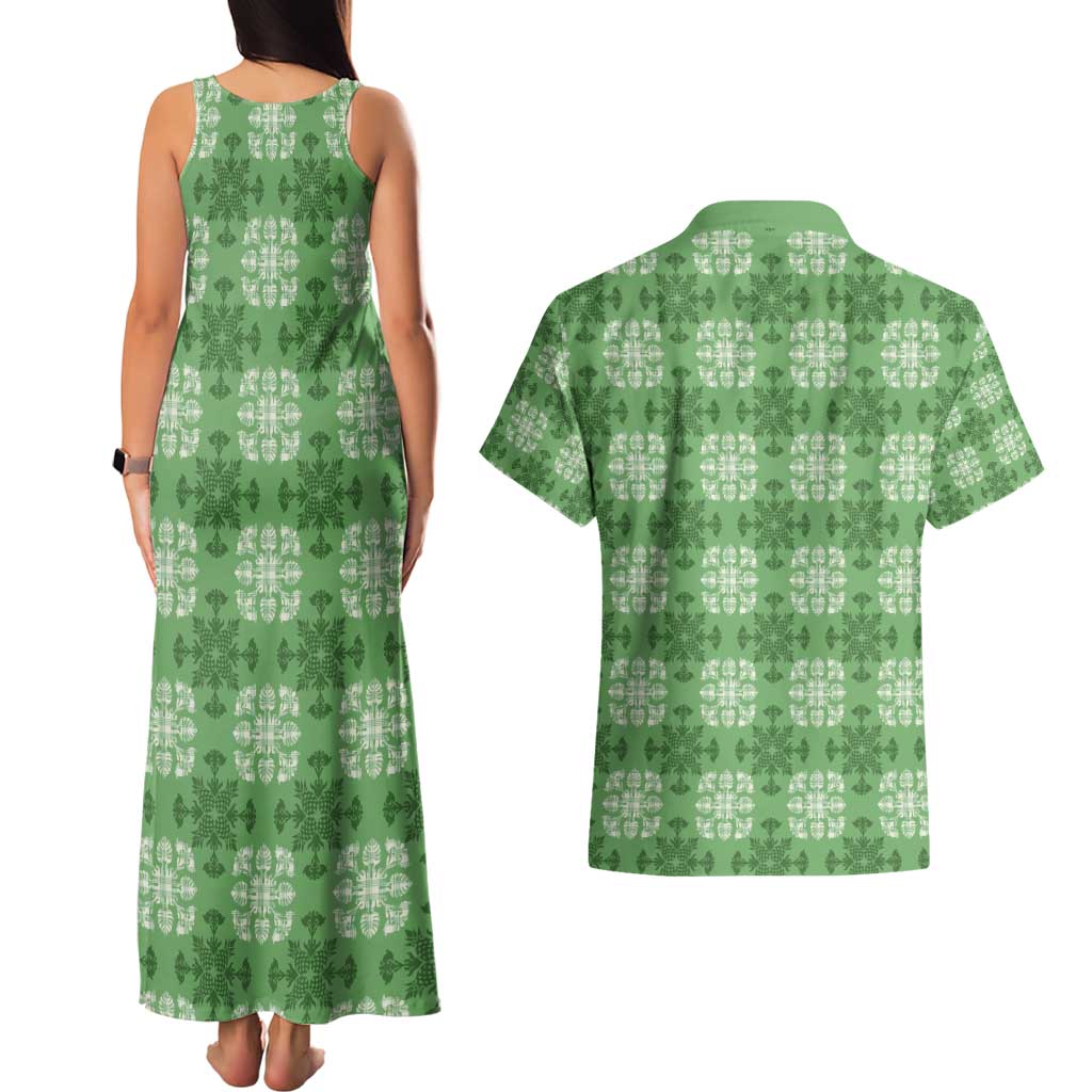 Green Hawaiian Quilt Couples Matching Tank Maxi Dress and Hawaiian Shirt Hawaii Pineapple Monstera Palaka Motifs LT14 - Polynesian Pride