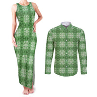 Green Hawaiian Quilt Couples Matching Tank Maxi Dress and Long Sleeve Button Shirt Hawaii Pineapple Monstera Palaka Motifs - Polynesian Pride