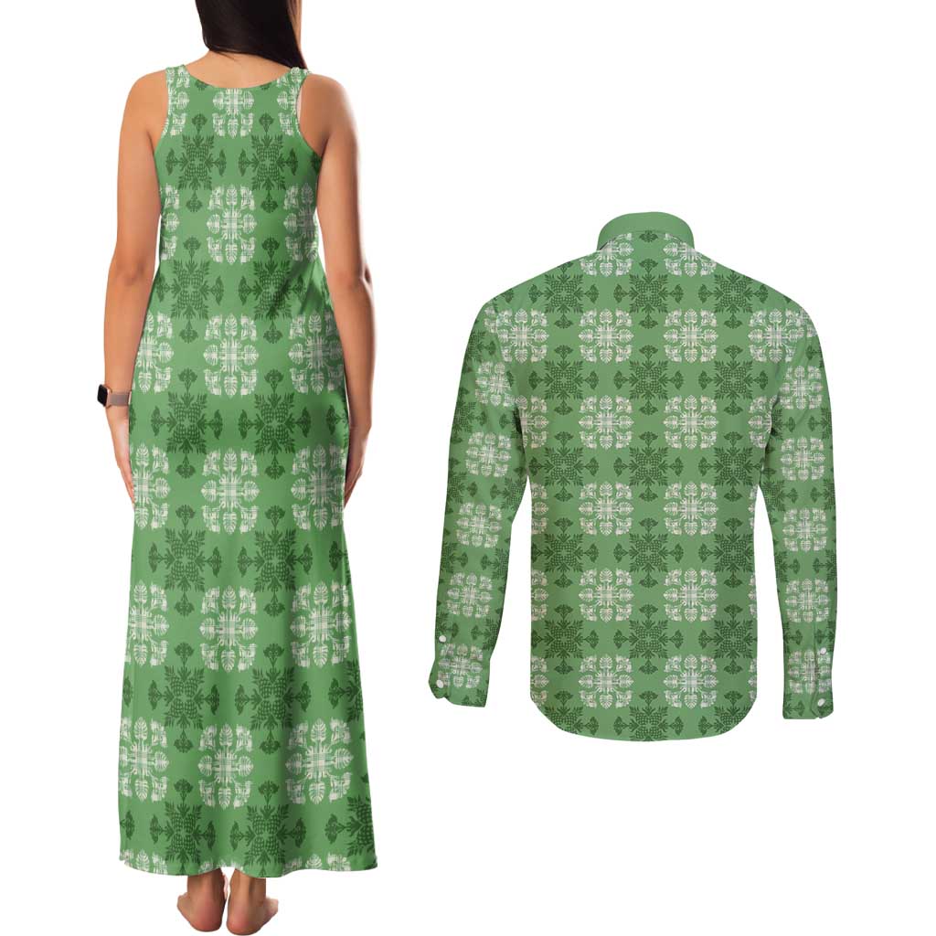 Green Hawaiian Quilt Couples Matching Tank Maxi Dress and Long Sleeve Button Shirt Hawaii Pineapple Monstera Palaka Motifs - Polynesian Pride