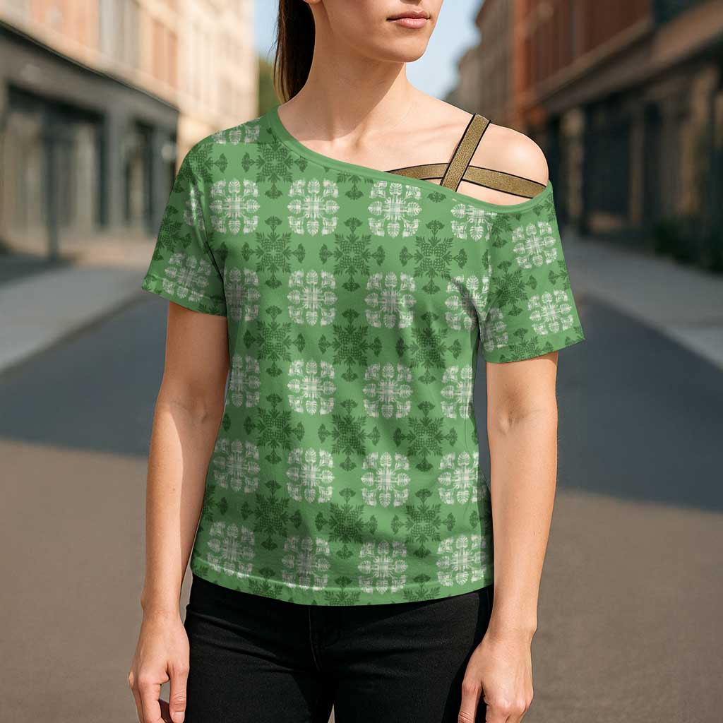 Green Hawaiian Quilt Cross Shoulder Shirt Hawaii Pineapple Monstera Palaka Motifs - Polynesian Pride