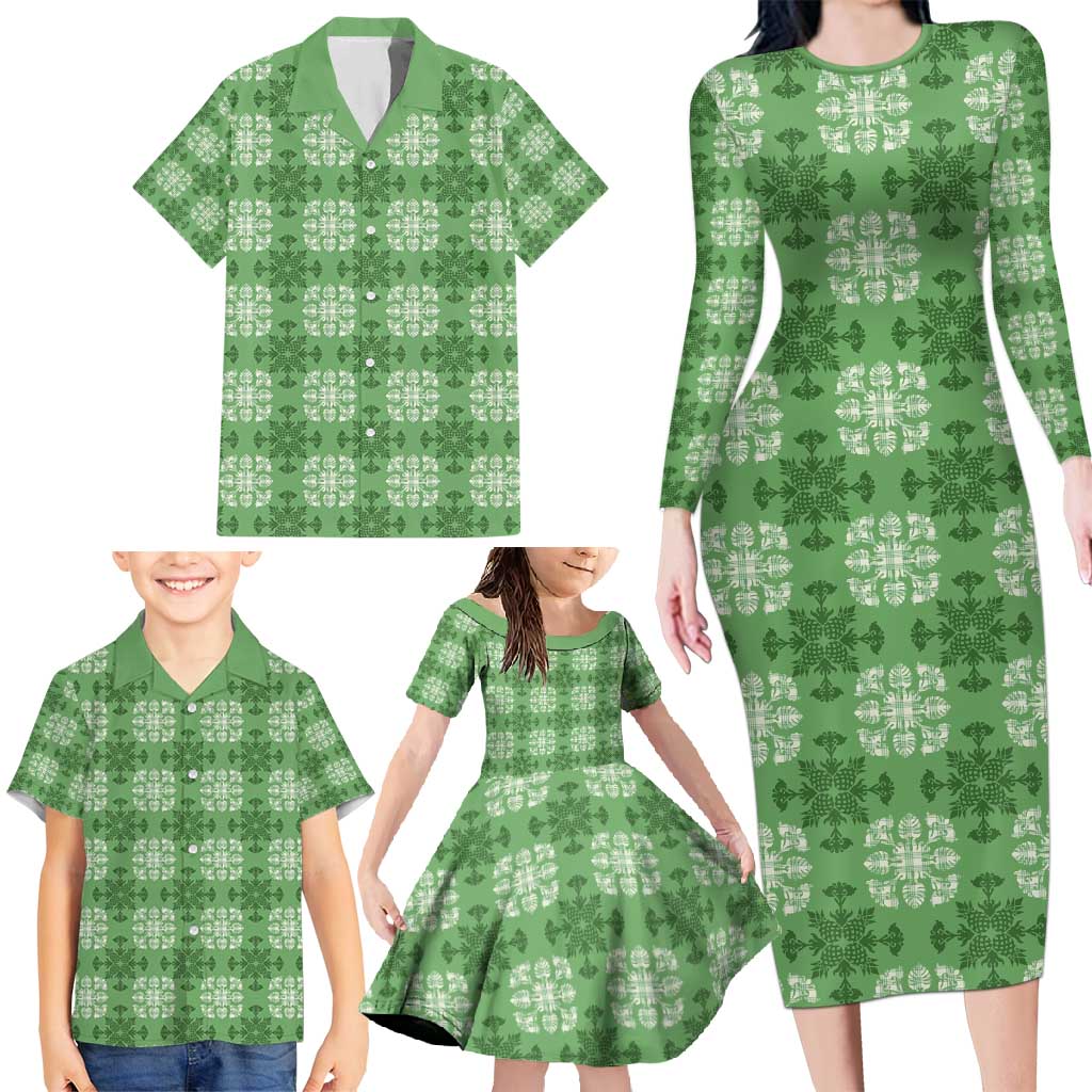 Green Hawaiian Quilt Family Matching Long Sleeve Bodycon Dress and Hawaiian Shirt Hawaii Pineapple Monstera Palaka Motifs LT14 - Polynesian Pride
