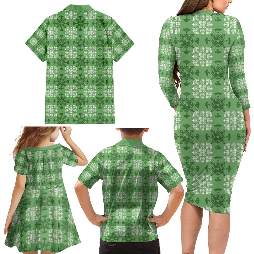 Green Hawaiian Quilt Family Matching Long Sleeve Bodycon Dress and Hawaiian Shirt Hawaii Pineapple Monstera Palaka Motifs LT14 - Polynesian Pride