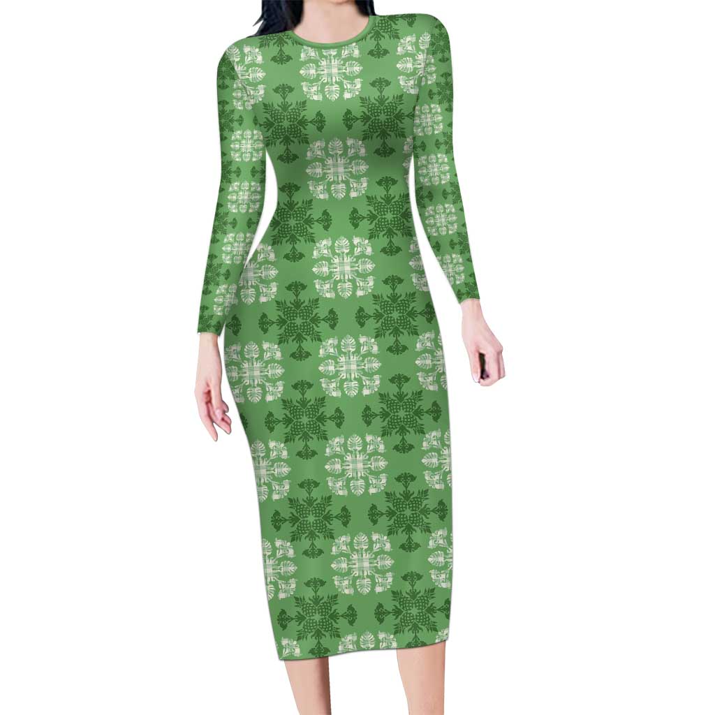 Green Hawaiian Quilt Family Matching Long Sleeve Bodycon Dress and Hawaiian Shirt Hawaii Pineapple Monstera Palaka Motifs LT14 Mom's Dress Green - Polynesian Pride
