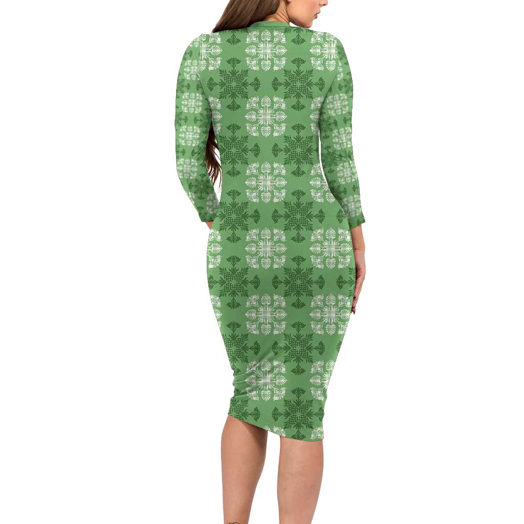Green Hawaiian Quilt Family Matching Long Sleeve Bodycon Dress and Hawaiian Shirt Hawaii Pineapple Monstera Palaka Motifs LT14 - Polynesian Pride