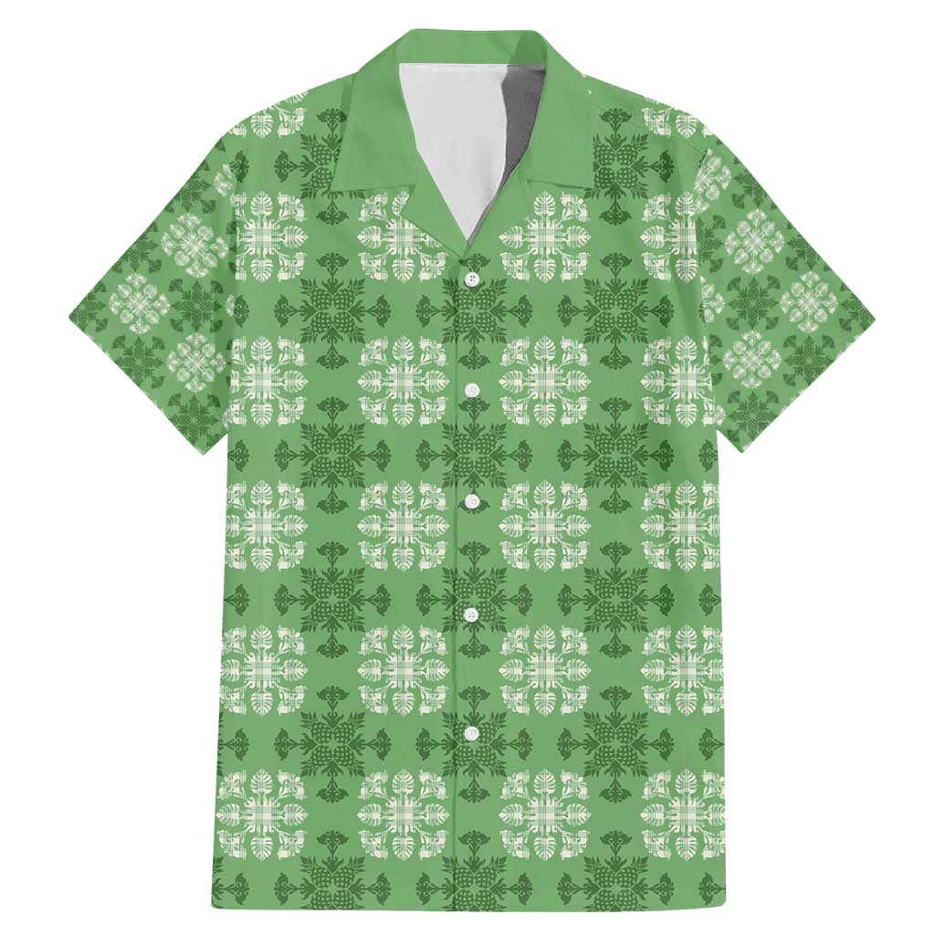 Green Hawaiian Quilt Family Matching Mermaid Dress and Hawaiian Shirt Hawaii Pineapple Monstera Palaka Motifs LT14 Dad's Shirt - Short Sleeve Green - Polynesian Pride