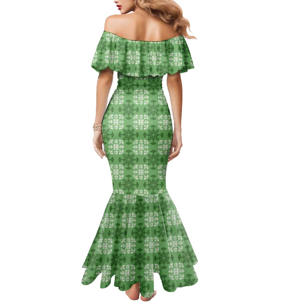 Green Hawaiian Quilt Family Matching Mermaid Dress and Hawaiian Shirt Hawaii Pineapple Monstera Palaka Motifs LT14 - Polynesian Pride