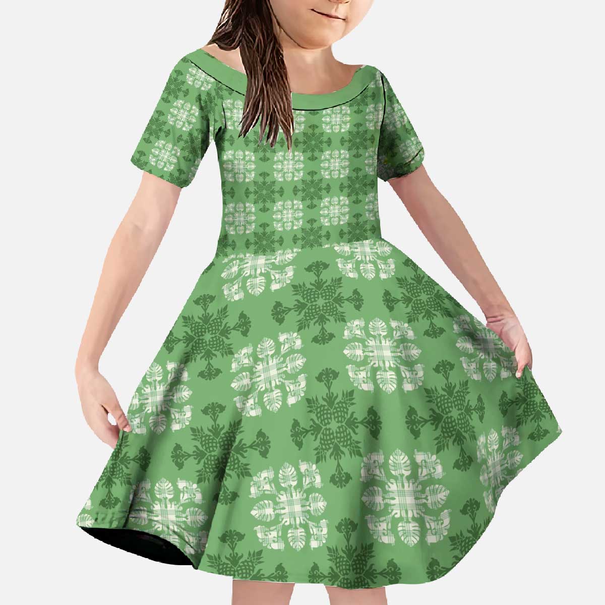 Green Hawaiian Quilt Family Matching Off The Shoulder Long Sleeve Dress and Hawaiian Shirt Hawaii Pineapple Monstera Palaka Motifs LT14 Daughter's Dress Green - Polynesian Pride